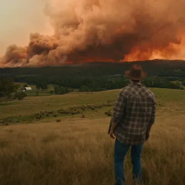 Photo of back of a farmer wearing a hat and flannel shirt, standing in a dry paddock looking out at a large bushfire in the distance with lots of smoke billowing into the air.
