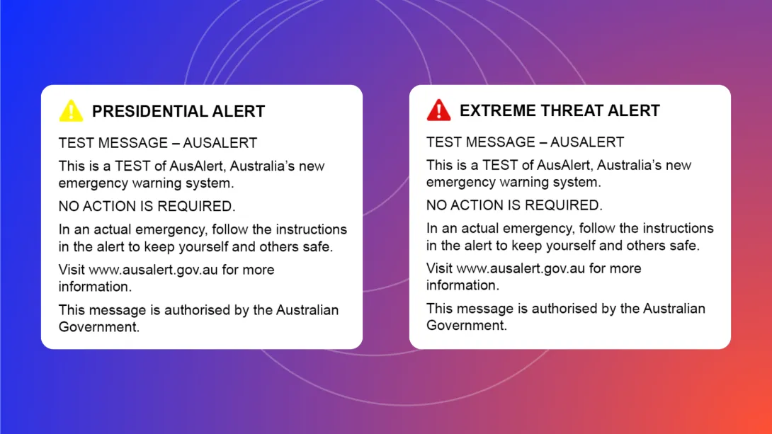 AusAlert test message mock-ups with the title 'Presidential Alert' or 'Extreme Threat Alert' along with the test message.