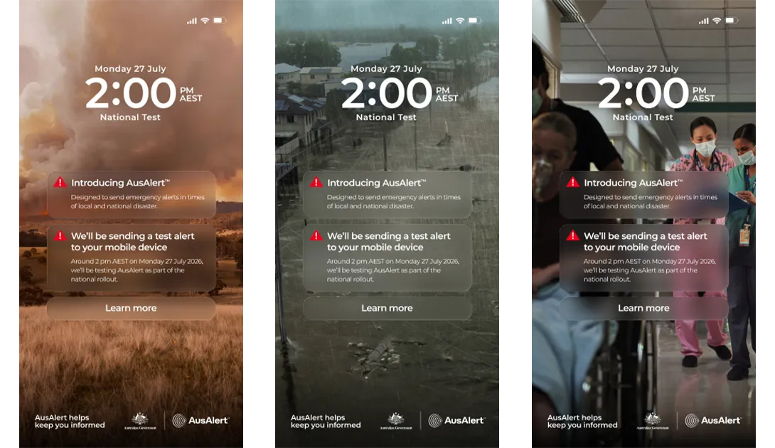 3 images of the 3 static social media ads, each featuring a scene from the TV commercial (bushfire, flood, hospital).